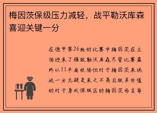 梅因茨保级压力减轻，战平勒沃库森喜迎关键一分