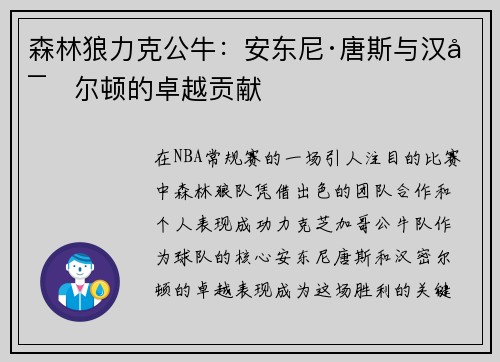 森林狼力克公牛：安东尼·唐斯与汉密尔顿的卓越贡献