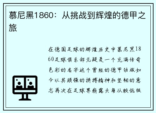 慕尼黑1860：从挑战到辉煌的德甲之旅