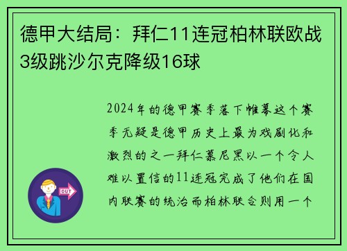 德甲大结局：拜仁11连冠柏林联欧战3级跳沙尔克降级16球