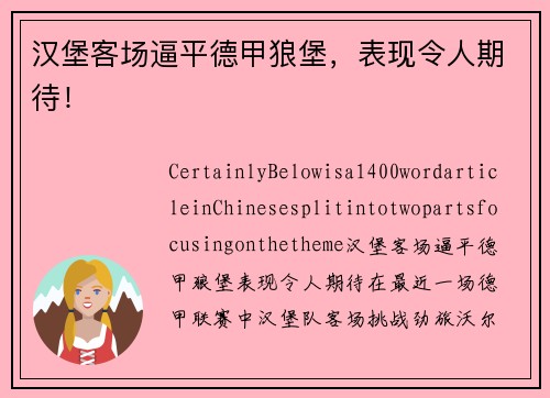 汉堡客场逼平德甲狼堡，表现令人期待！